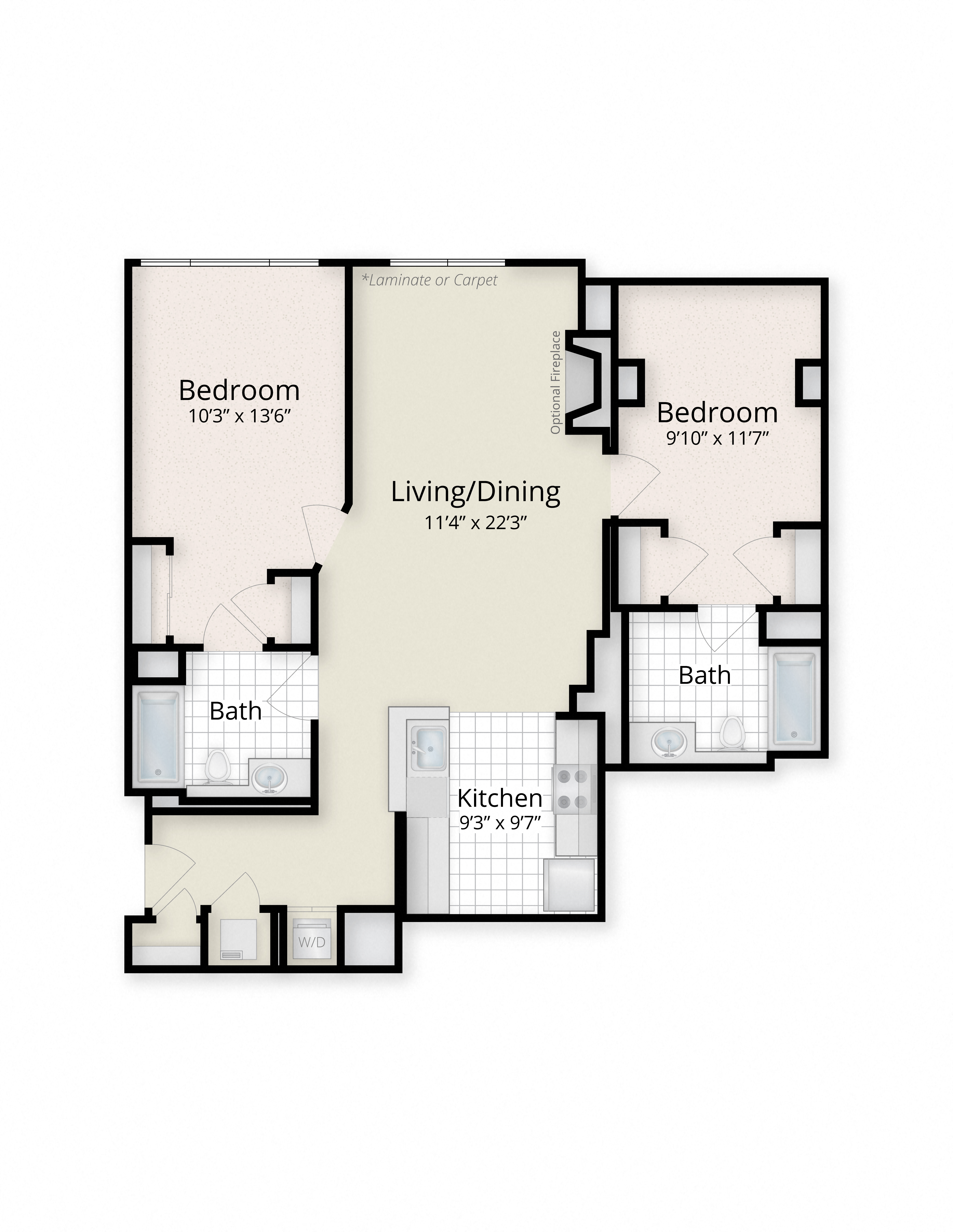 Floor plan for 2 beds, 2 baths, 1022 sqft